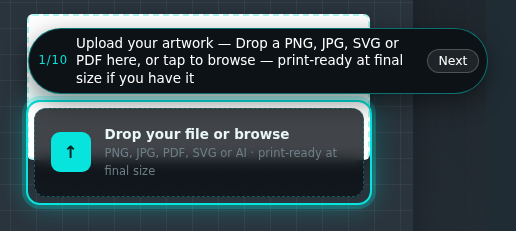 Custom banners builder, step 1 of 10: Upload your artwork. The guide rings the control and its prompt reads “Upload your artwork”.