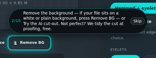 Custom banners builder, step 2 of 10: Remove the background. The guide rings the control and its prompt reads “Remove the background”.