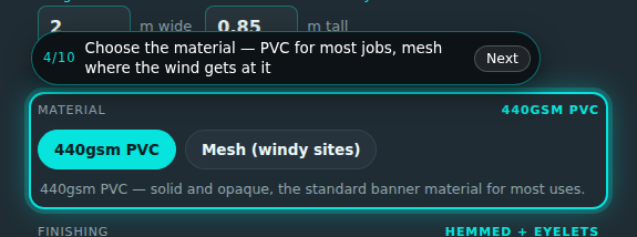 Custom banners builder, step 4 of 10: Choose the material. The guide rings the control and its prompt reads “Choose the material”.