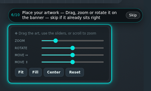 Custom banners builder, step 6 of 10: Place your artwork. The guide rings the control and its prompt reads “Place your artwork”.