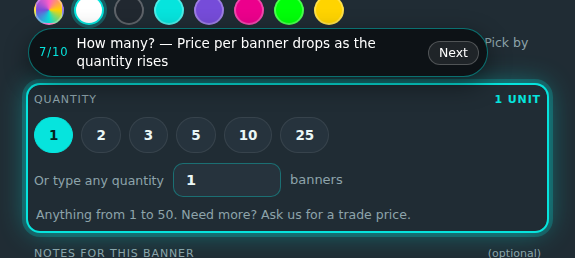Custom banners builder, step 7 of 10: How many?. The guide rings the control and its prompt reads “How many?”.