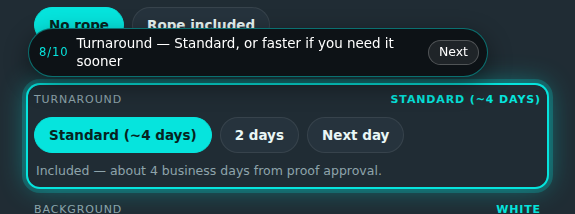 Custom banners builder, step 8 of 10: Turnaround. The guide rings the control and its prompt reads “Turnaround”.