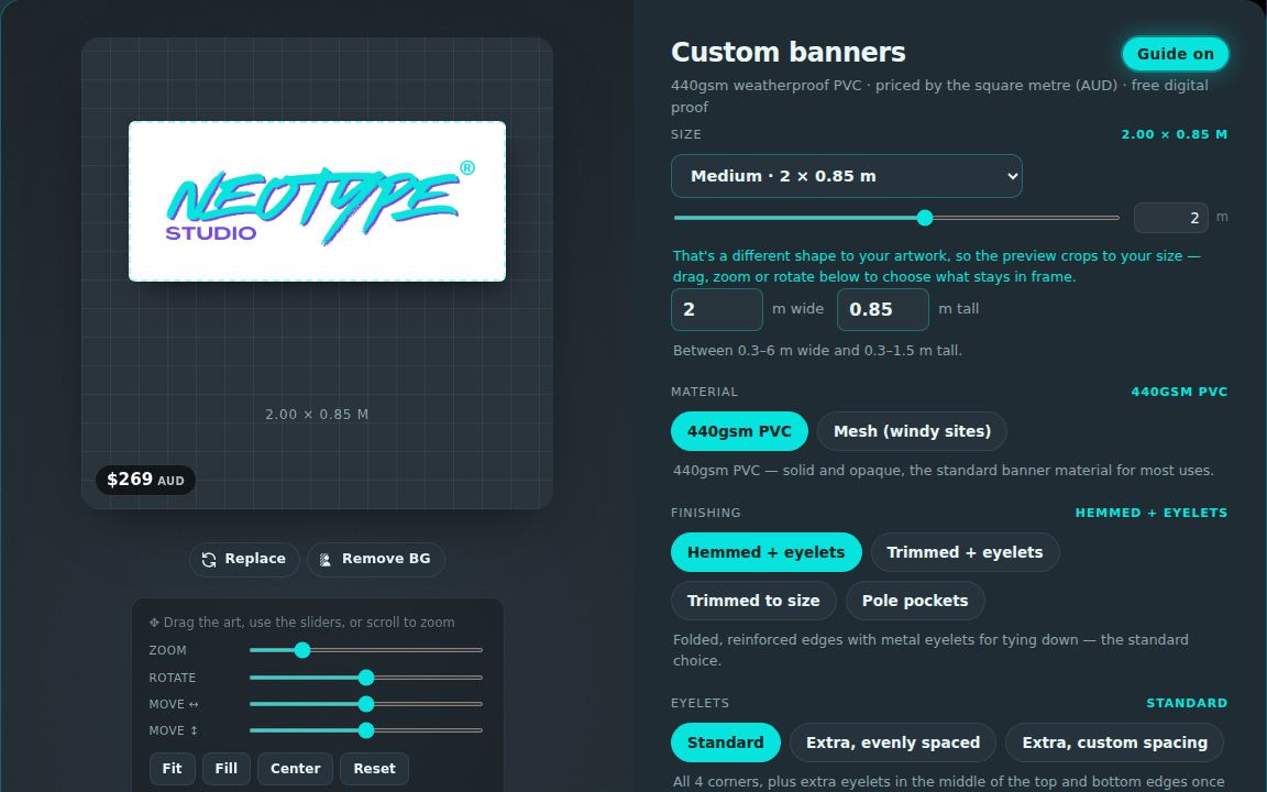 The custom banners builder with artwork loaded and the guide switched on: the preview on the left, the options panel with its Guide button on the right.