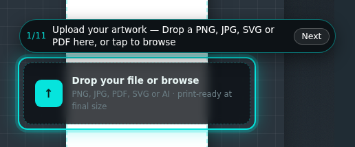 Corflute signs builder, step 1 of 11: Upload your artwork. The guide rings the control and its prompt reads “Upload your artwork”.
