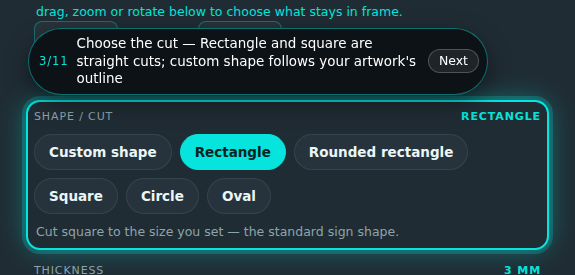 Corflute signs builder, step 3 of 11: Choose the cut. The guide rings the control and its prompt reads “Choose the cut”.