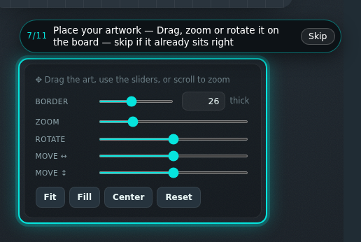 Corflute signs builder, step 7 of 11: Place your artwork. The guide rings the control and its prompt reads “Place your artwork”.