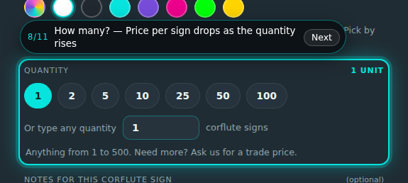 Corflute signs builder, step 8 of 11: How many?. The guide rings the control and its prompt reads “How many?”.