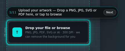 Custom stickers builder, step 1 of 11: Upload your artwork. The guide rings the control and its prompt reads “Upload your artwork”.