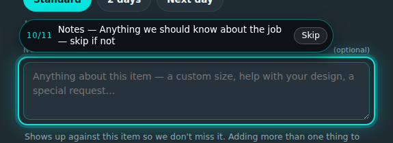 Custom stickers builder, step 10 of 11: Notes. The guide rings the control and its prompt reads “Notes”.