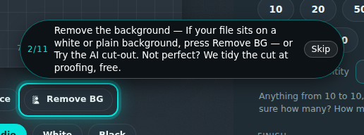 Custom stickers builder, step 2 of 11: Remove the background. The guide rings the control and its prompt reads “Remove the background”.