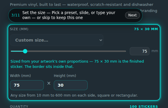 Custom stickers builder, step 3 of 11: Set the size. The guide rings the control and its prompt reads “Set the size”.