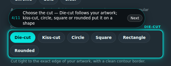 Custom stickers builder, step 4 of 11: Choose the cut. The guide rings the control and its prompt reads “Choose the cut”.