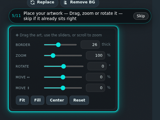 Custom stickers builder, step 5 of 11: Place your artwork. The guide rings the control and its prompt reads “Place your artwork”.