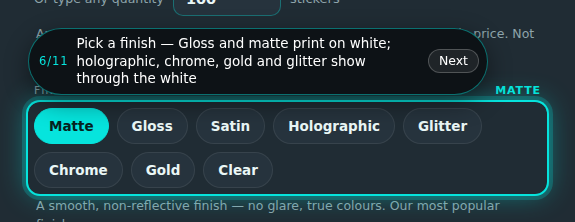 Custom stickers builder, step 6 of 11: Pick a finish. The guide rings the control and its prompt reads “Pick a finish”.