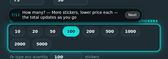 Custom stickers builder, step 7 of 11: How many?. The guide rings the control and its prompt reads “How many?”.