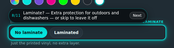 Custom stickers builder, step 8 of 11: Laminate?. The guide rings the control and its prompt reads “Laminate?”.