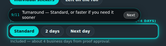 Custom stickers builder, step 9 of 11: Turnaround. The guide rings the control and its prompt reads “Turnaround”.